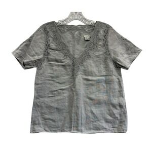 Jigsaw Gray Linen Blend Blouse Lace Trim Boho Minimalist‎ Short Sleeve Top 4